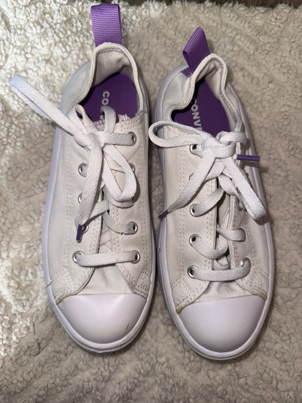Converse White Canvas Low-Tops with Purple Accents
